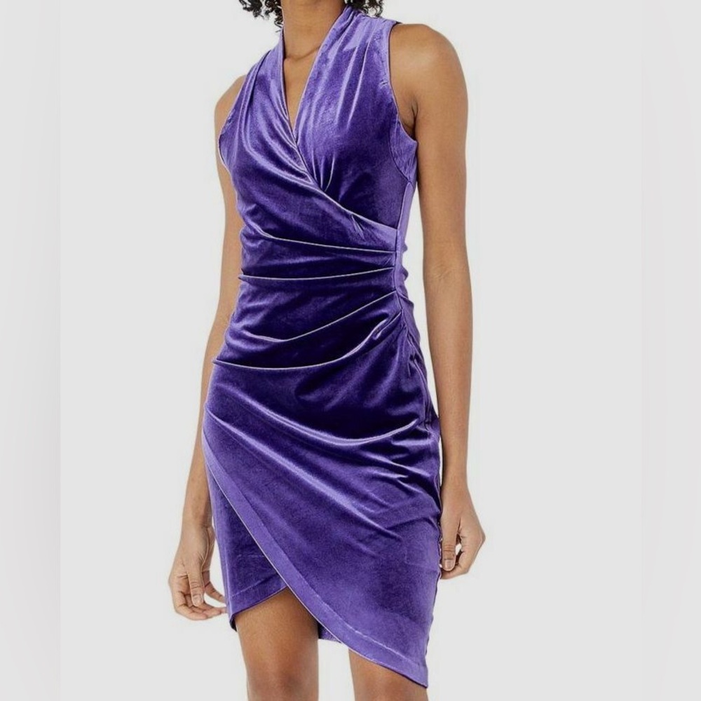 Nicole Miller Purple Stretch Velvet V-Neck Ruched Sheath Cocktail Holiday Dress